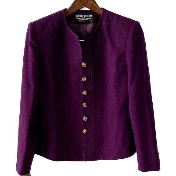 Vintage Herbert Grossman 100% Wool Purple Collarless Blazer Jacket size 10P MP - Picture 1 of 8